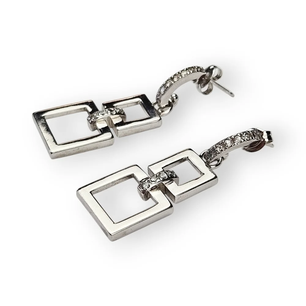 Sterling CZ Drop Post Earrings Rhodium Plated 925 Silver Double Square Prime Art